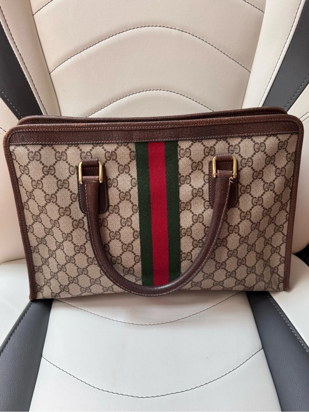 Gucci GG Canvas Briefcase with Green and Red Web Stripe